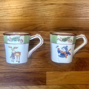 Set of 2 winter holiday mugs, reindeer and snowman